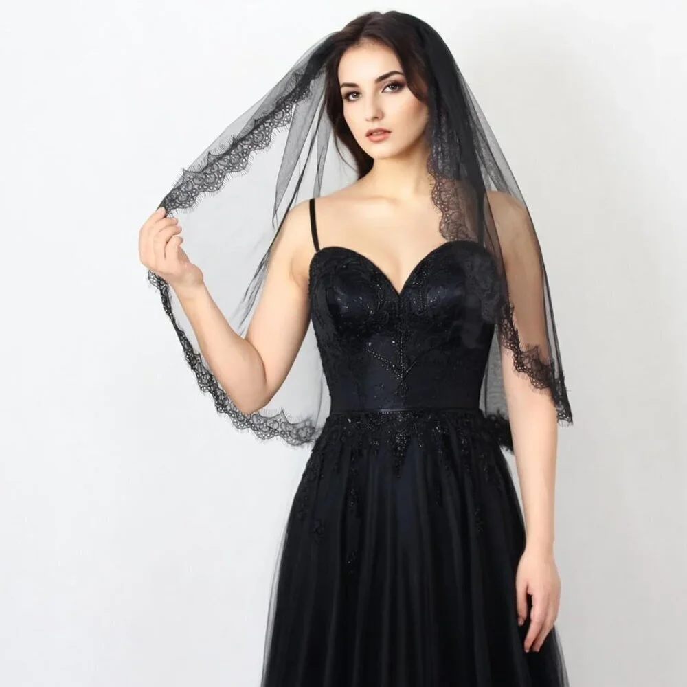 Black Lace Wedding Veil Fingertip Length Tulle Bridal Accessory